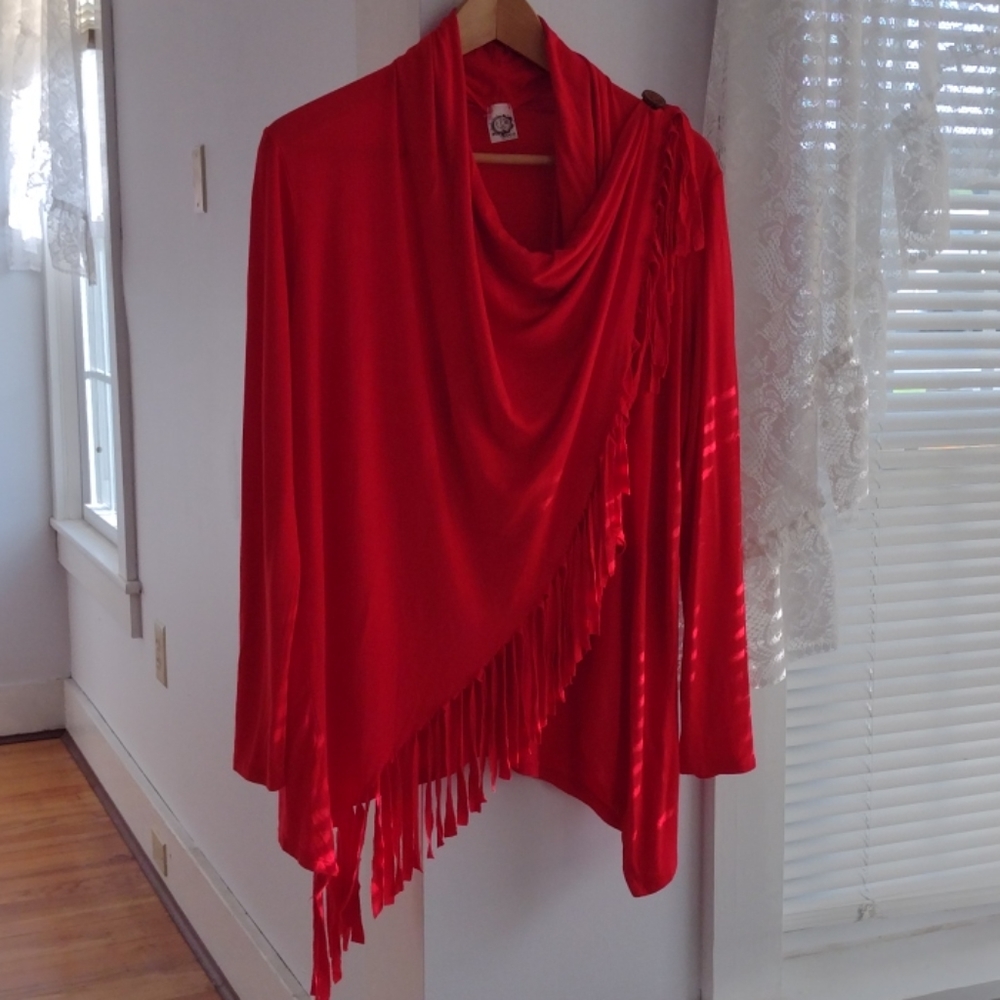 Sun & Moon Fringe Tunic Wrap with Full Sleeves Red